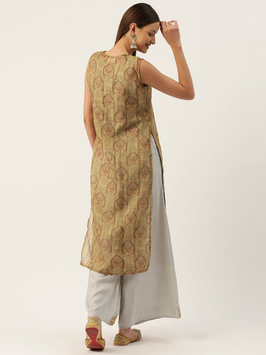 Ethnic Motifs Printed Regular Chanderi Cotton Kurta with Palazzos - RueCollections